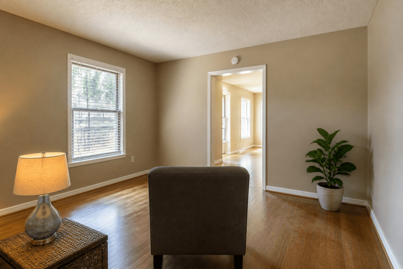 Backed gray chair facing a doorway, lamp on a wicker table, plant off the walk, feng shui what to buy first
