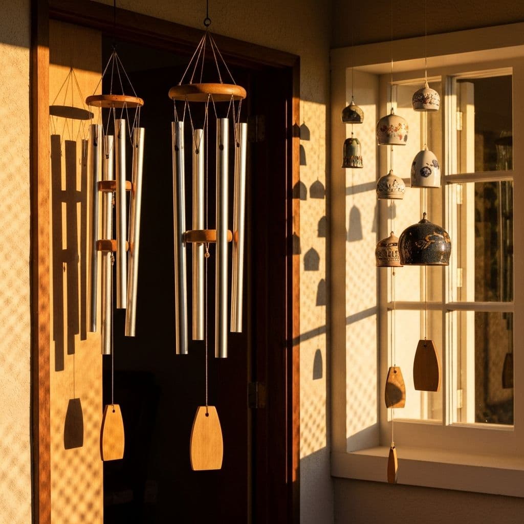 Metal wind chime on a rental porch away from the bedroom window