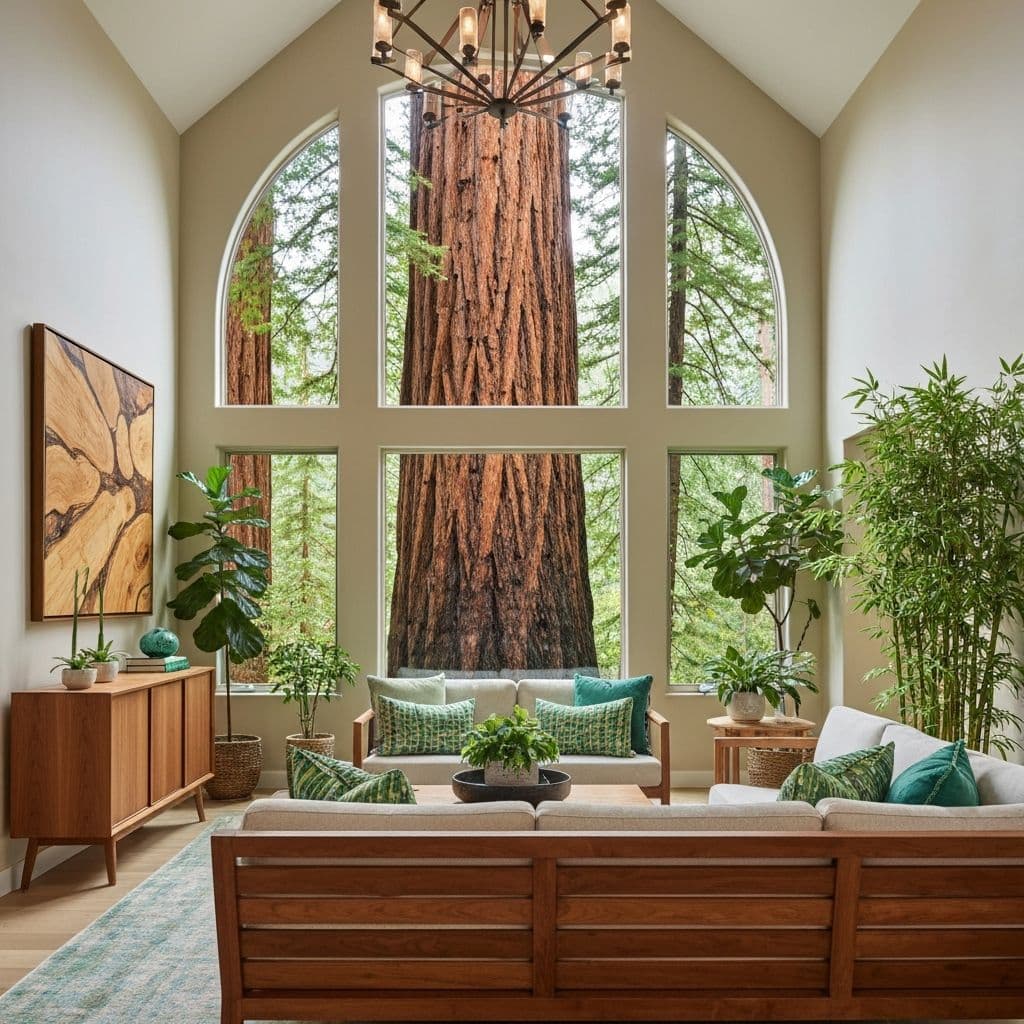 Living plants and a wood table in a bright rental living room