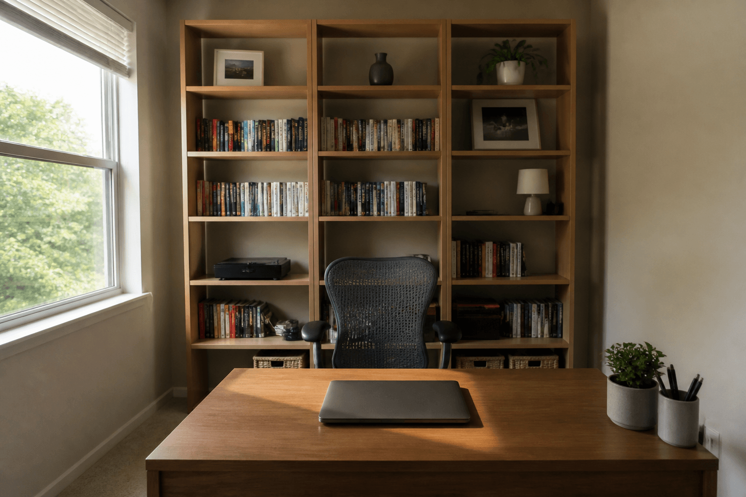 Wood desk, closed laptop facing the room, chair at a bookshelf wall, side window, feng shui work from home video calls