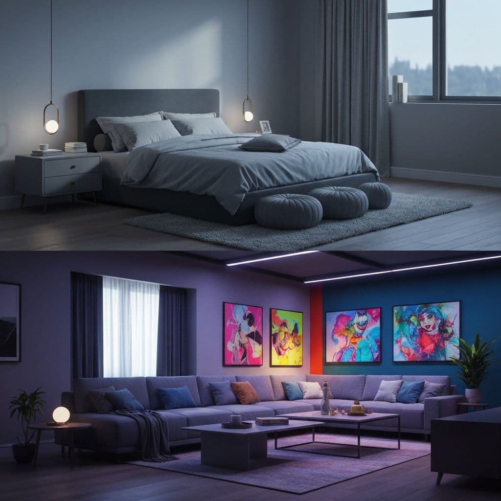 Dim bedroom lamp next to a brighter living-room reading light