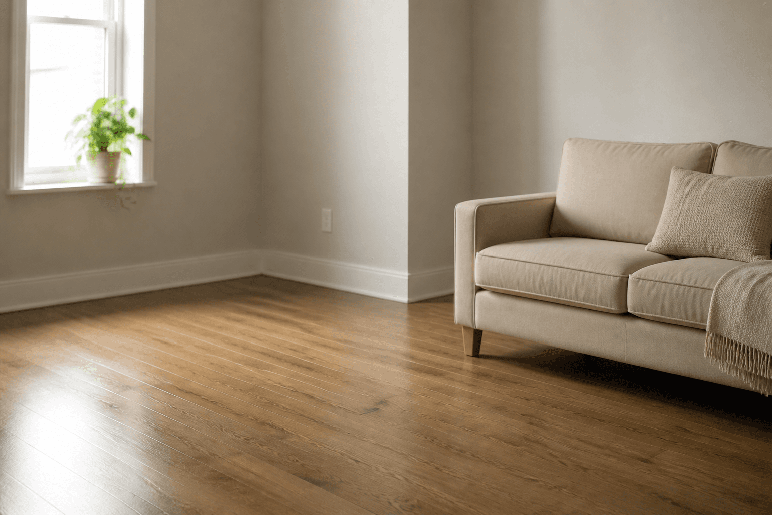 Empty living-room corner after the mat is put away, beige sofa and a clear walk