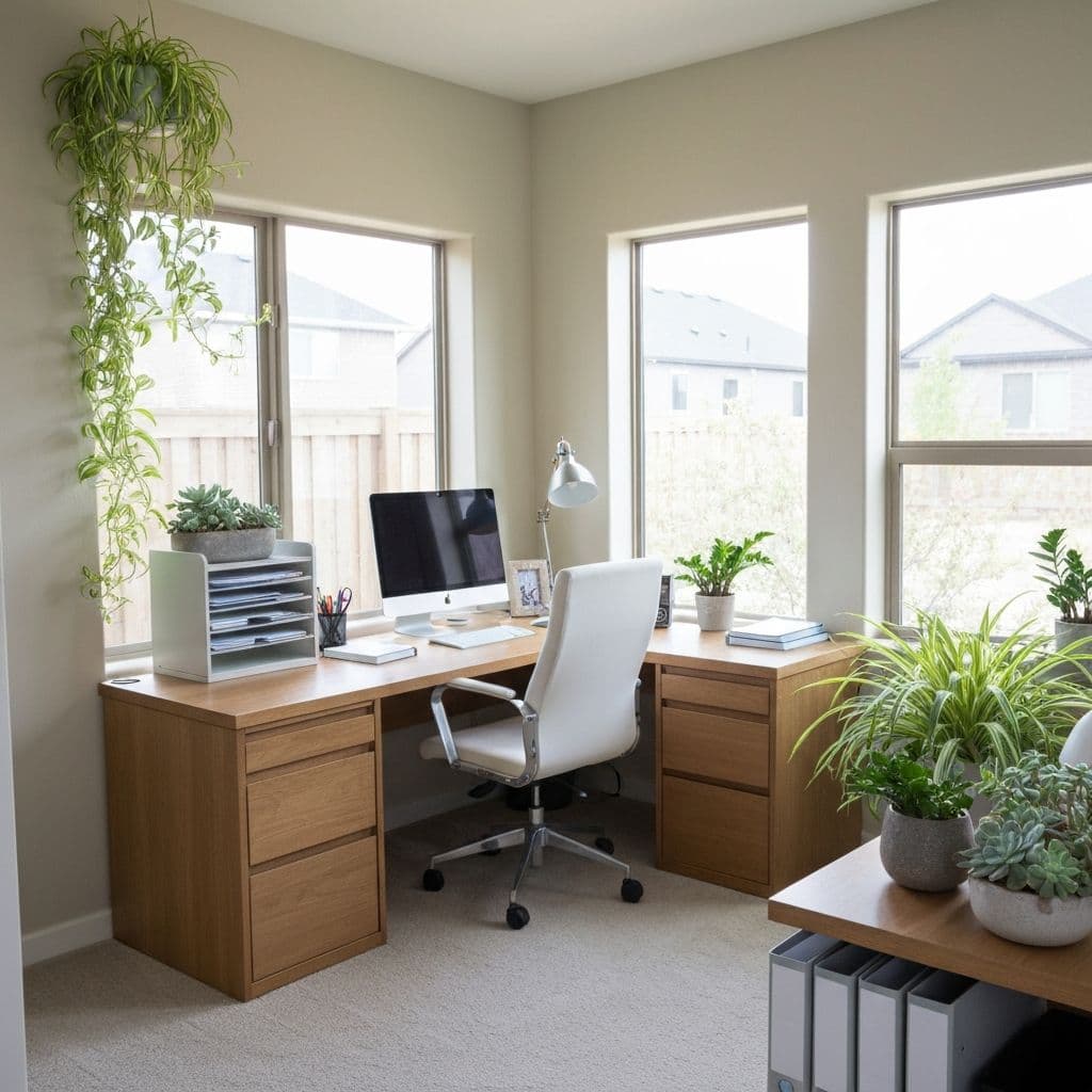 Modern productive home office with Feng Shui principles - command position desk, natural light, plants, and organized workspace