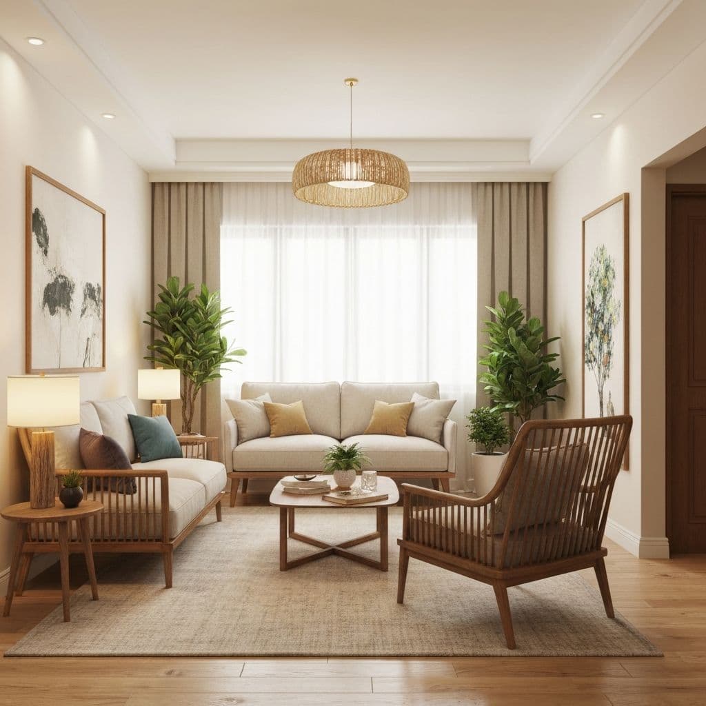Beautiful harmonious living room with Feng Shui principles - balanced furniture arrangement, natural elements, and welcoming atmosphere