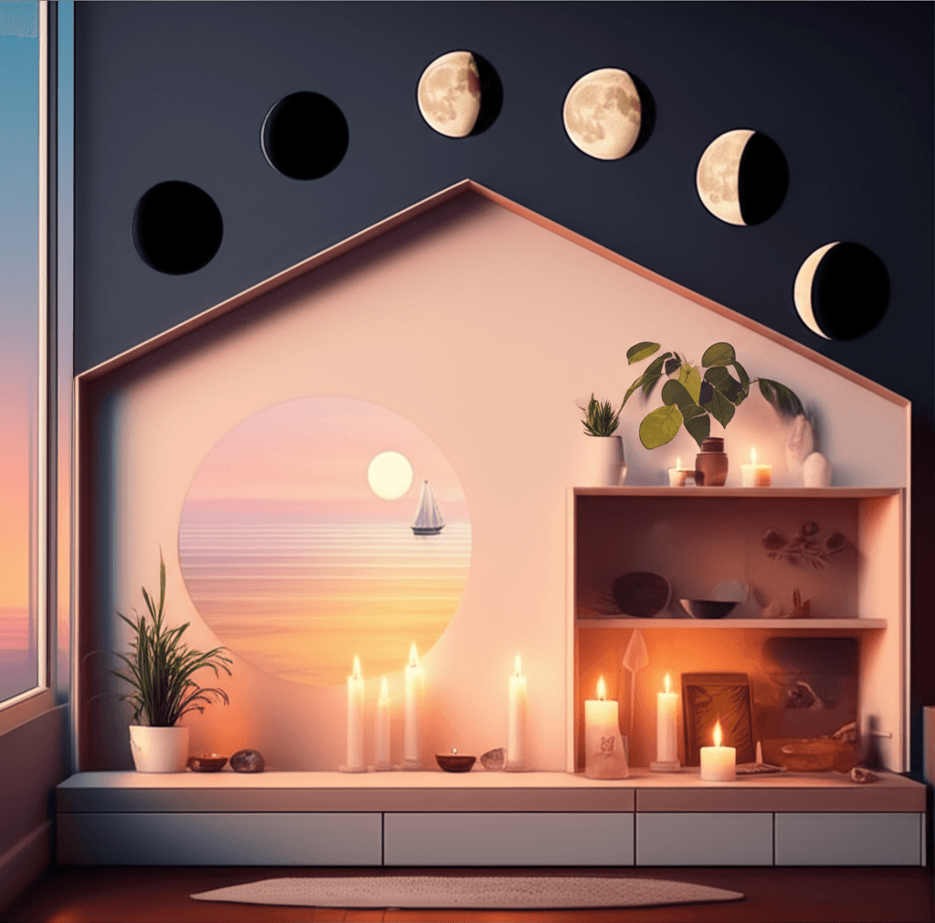 Night window with a simple lamp, no altar clutter on the sill
