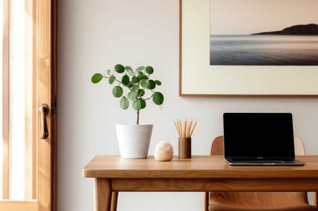 Laptop on a rental dining table with the front door in view, remote work Feng Shui setup