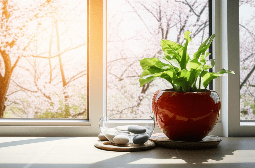 Serene home interior with perfect balance of light and shadow, fresh spring flowers, and harmonious Feng Shui elements representing the Spring Equinox energy