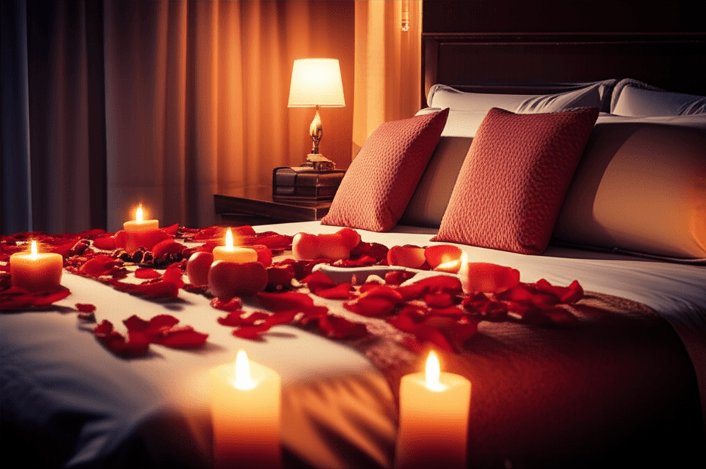 Two lamps on a made bed, path clear, no rose-petal pile