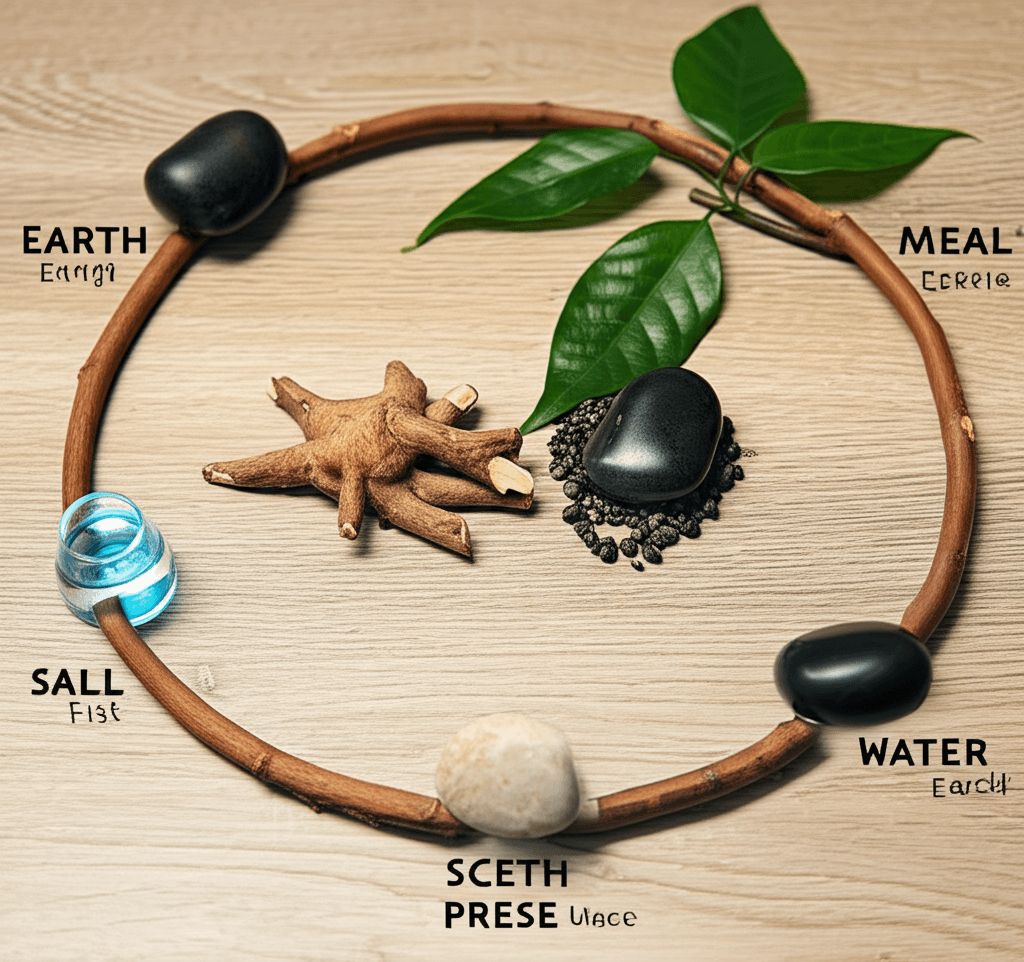 Five simple objects on a table: plant, lamp, clay cup, steel spoon, water glass