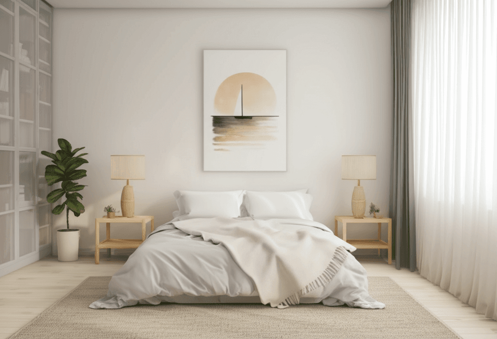 Serene bedroom designed with Feng Shui principles for peaceful sleep
