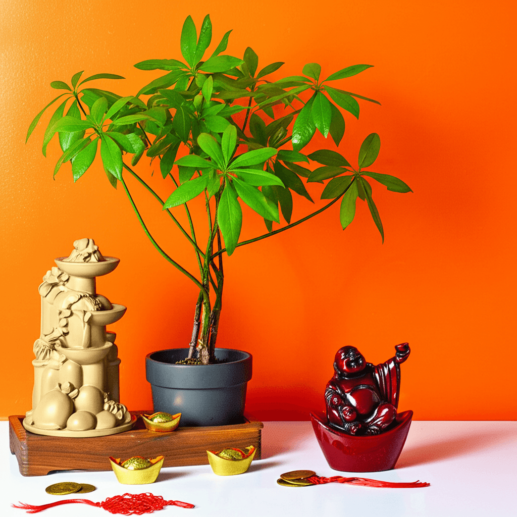 Bright apartment corner with a healthy plant and a lamp, Feng Shui for wealth