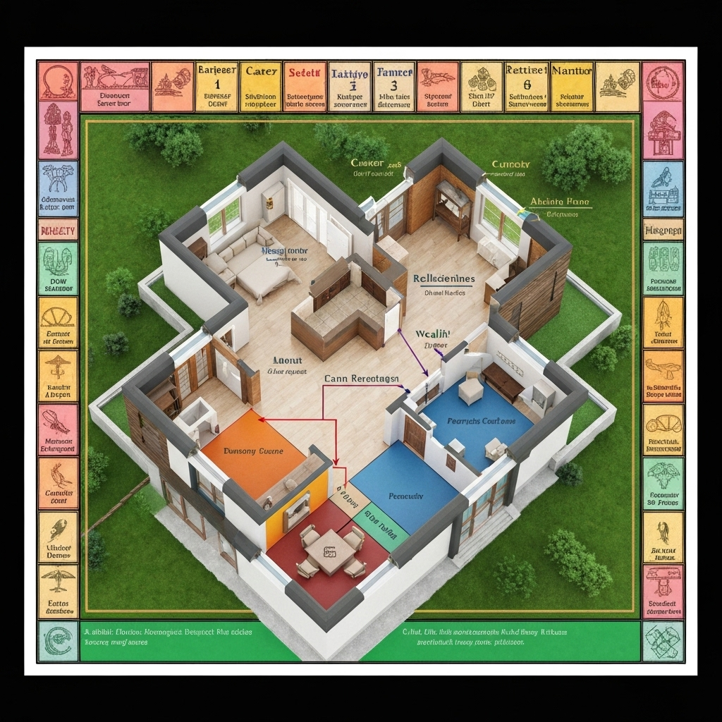 Detailed Bagua map overlay on modern home floor plan showing nine life areas - wealth, fame, relationships, family, health, children, knowledge, career, and helpful people