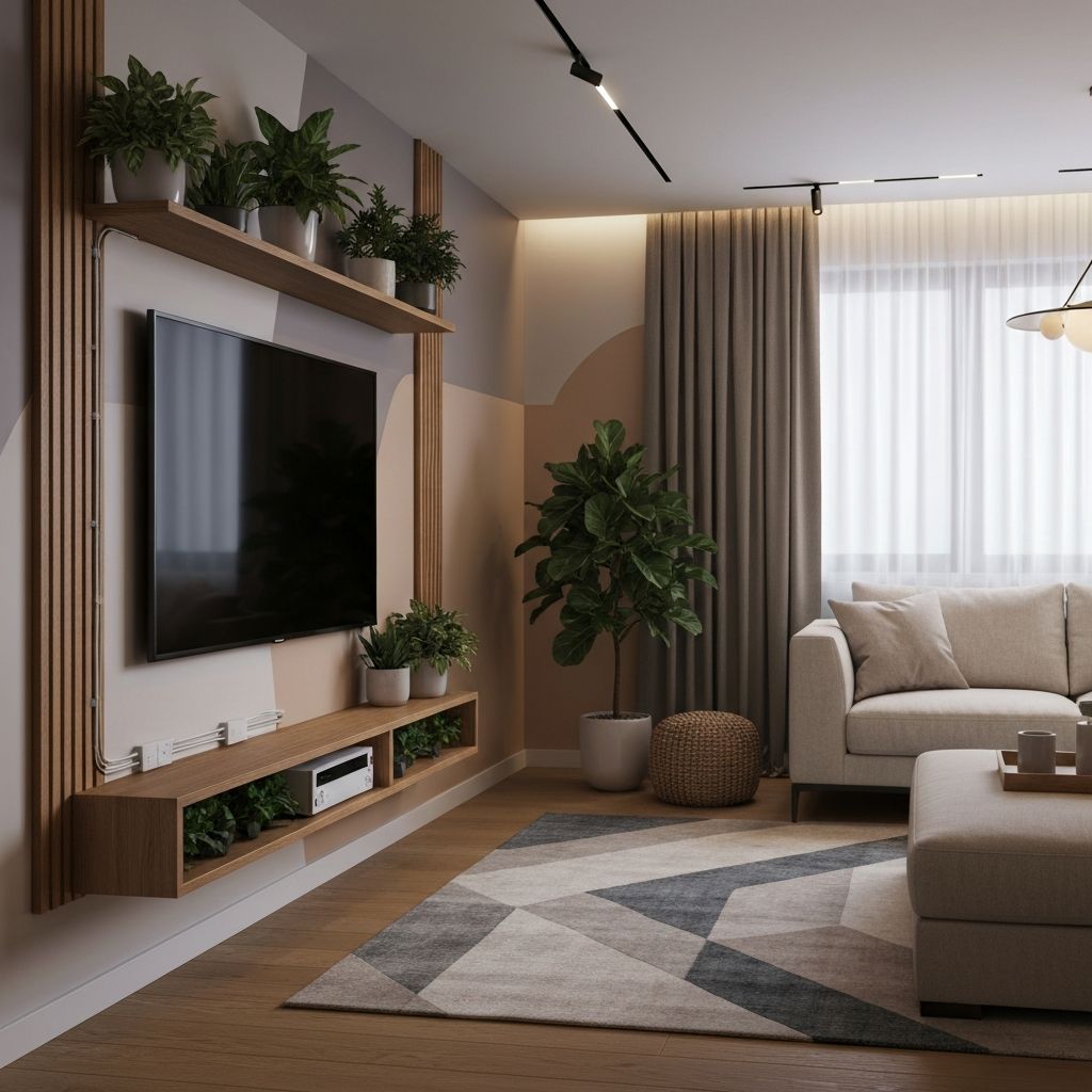 Living room with balanced technology placement, plants near TV, concealed cables, and natural elements counteracting electronic energy