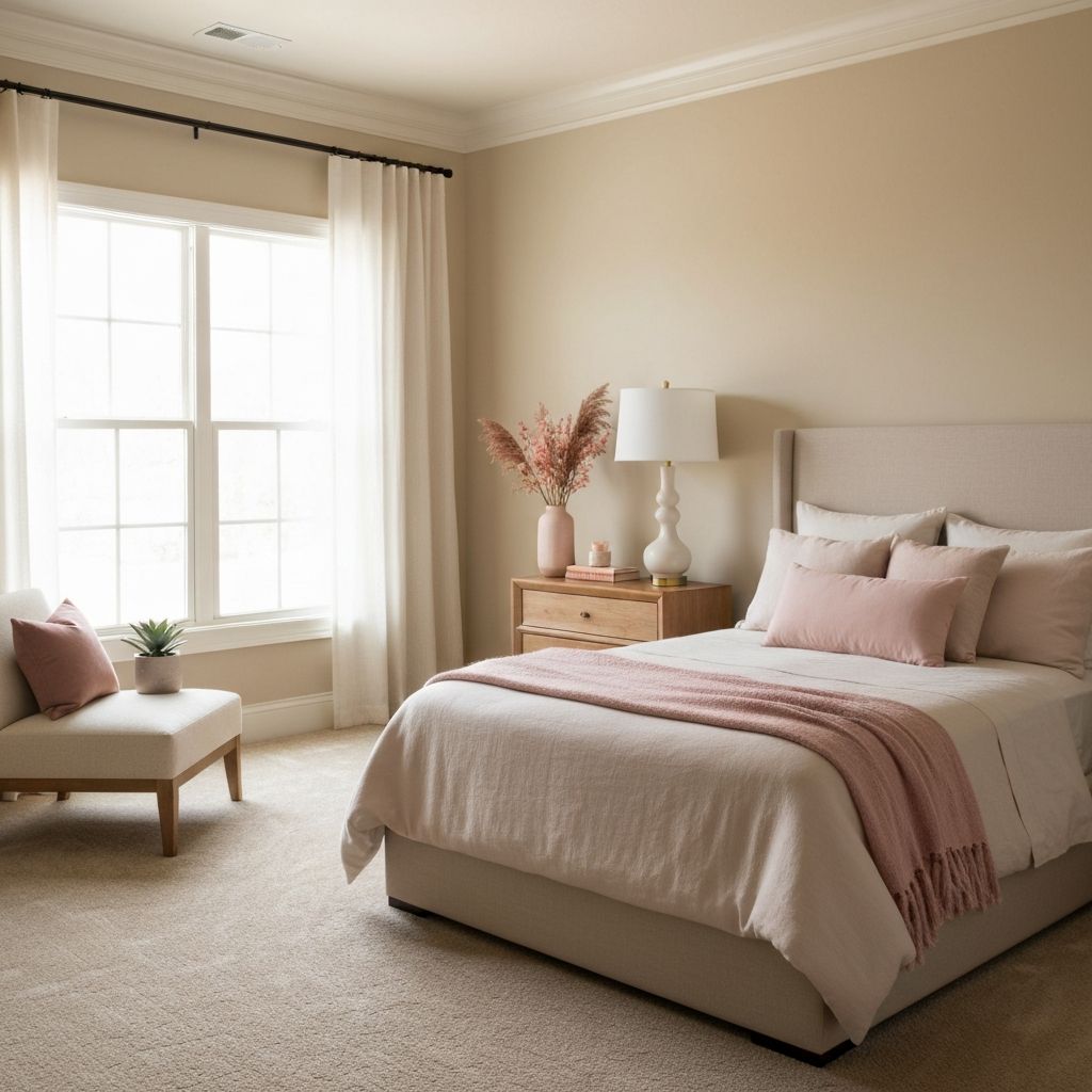 Bedroom with calming earth tone colors and balanced feng shui