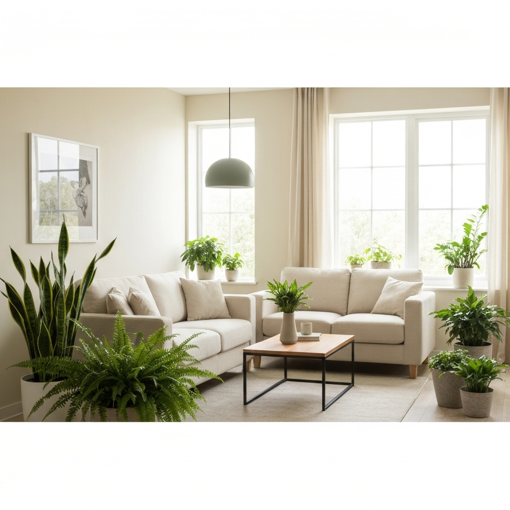 Beautiful harmonious living room demonstrating Feng Shui principles with natural elements, balanced furniture arrangement, and flowing energy