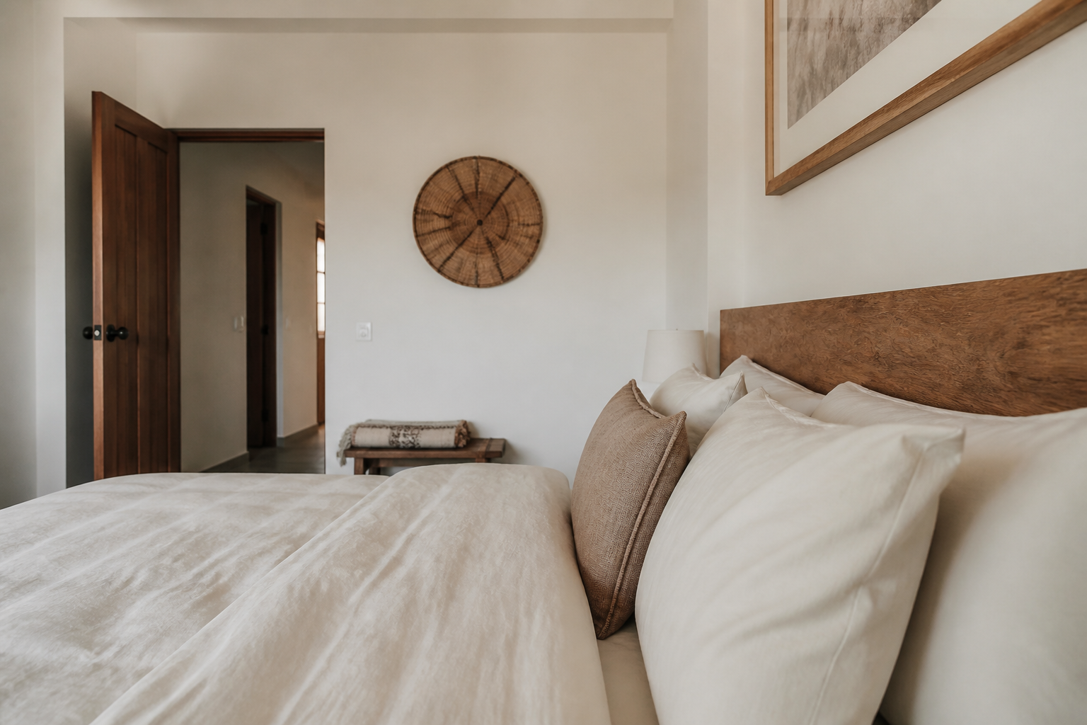 Rental bed photographed from the pillow toward an open door, solid headboard, closed closet