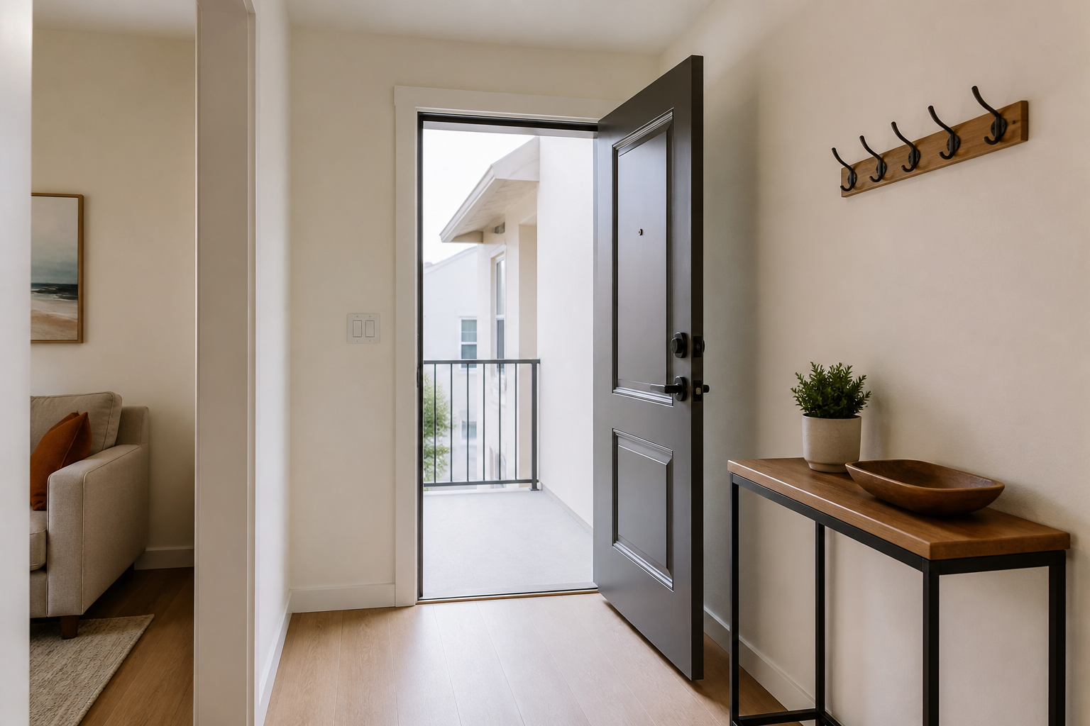 Apartment entry with a clear door swing, a side-wall lockbox, and an empty mat