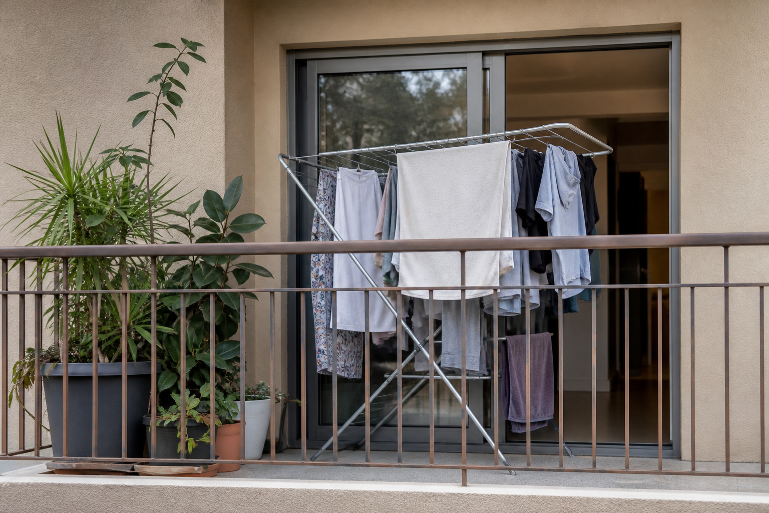 Metal drying rack packed with shirts and a purple towel in front of a sliding glass door
