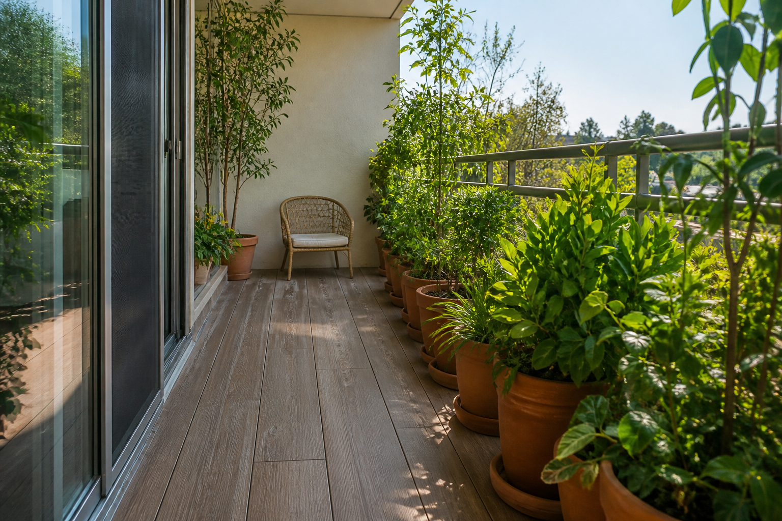 Terracotta pots along a balcony rail with a clear wood-look walk to a wicker chair at the far end