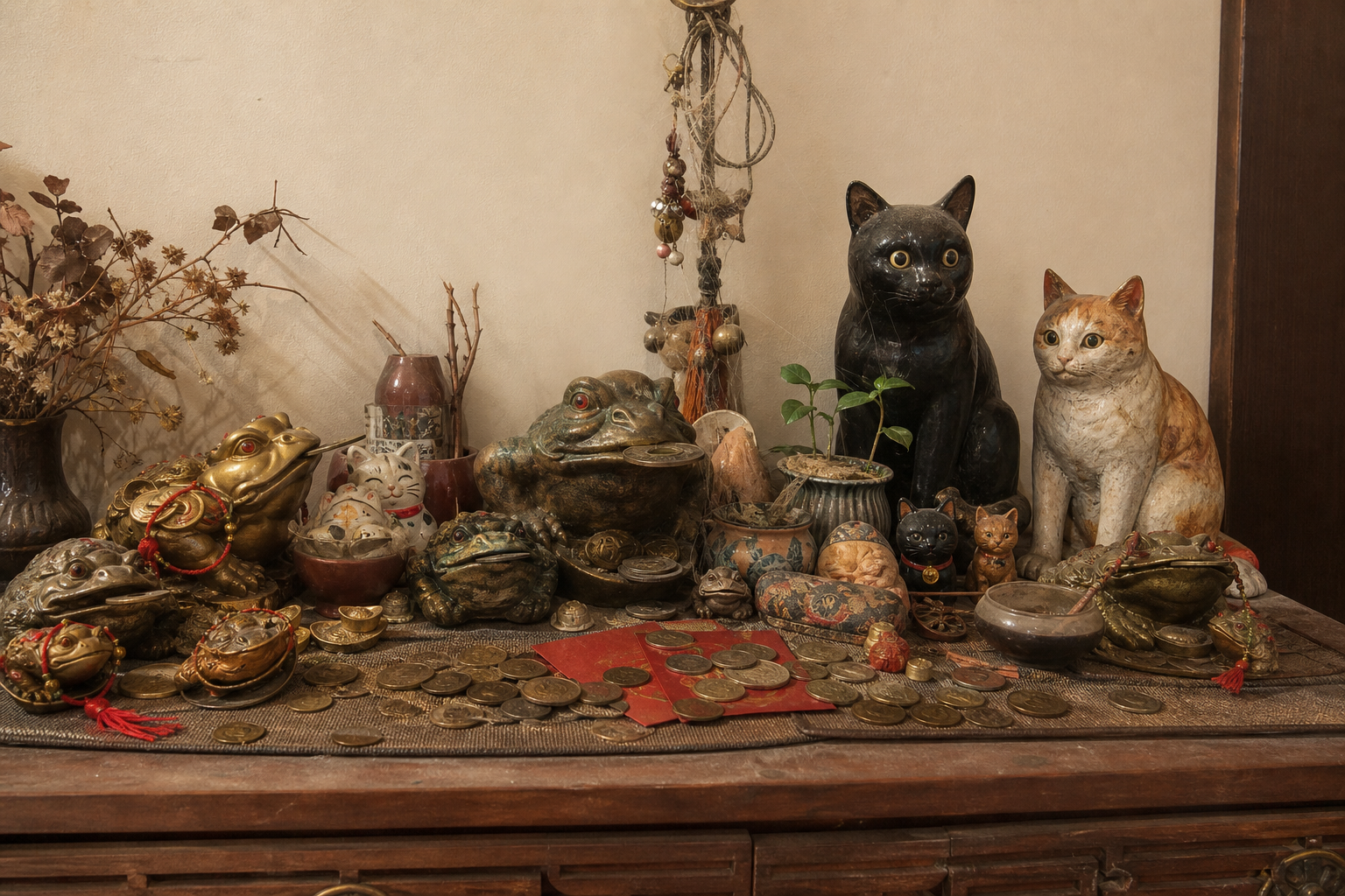 Console crowded with toads, cats, coin piles, and dusty charms