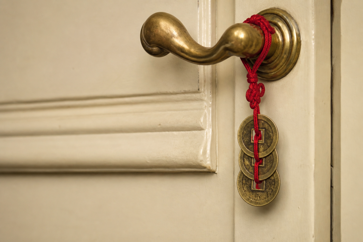Close-up of three square-hole coins on red cord on an inside door handle