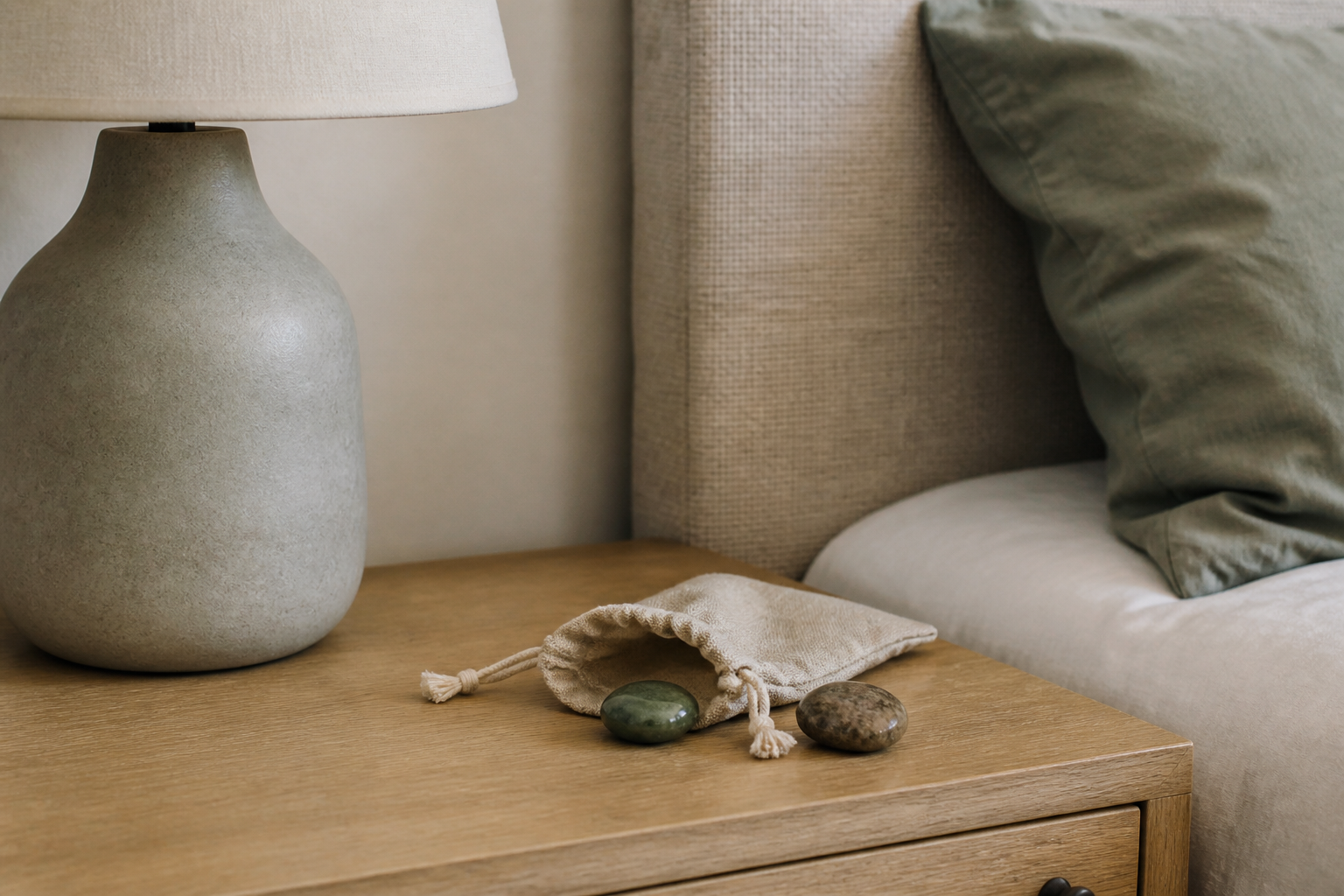 Small tumbled stones in a linen pouch on a nightstand drawer beside a lamp