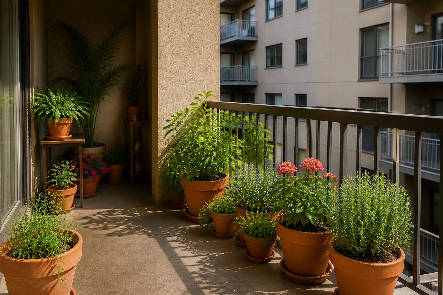 Apartment balcony with live terracotta plants and one silk plant in a shaded corner