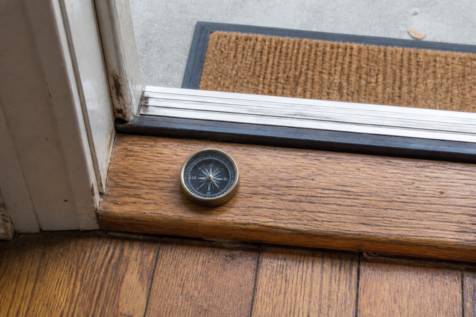 Brass analog compass on a wooden door threshold with a coir mat on the concrete outside