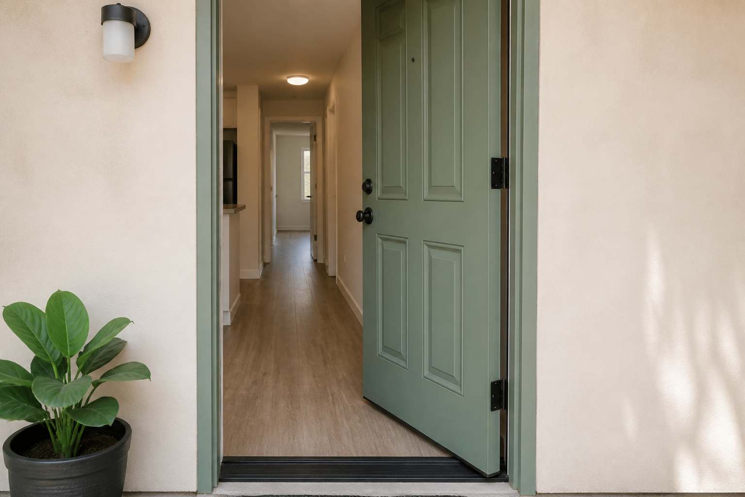 Sage green six-panel front door standing open into a rental hallway with wood-look flooring
