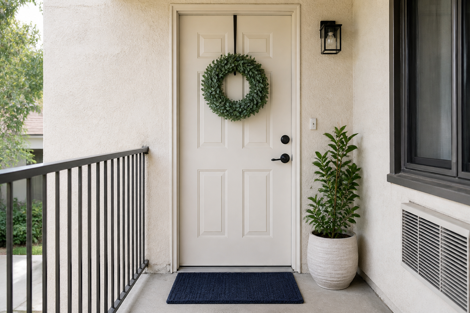 White rental front door with a leafy wreath on an over-the-door hook and a navy doormat