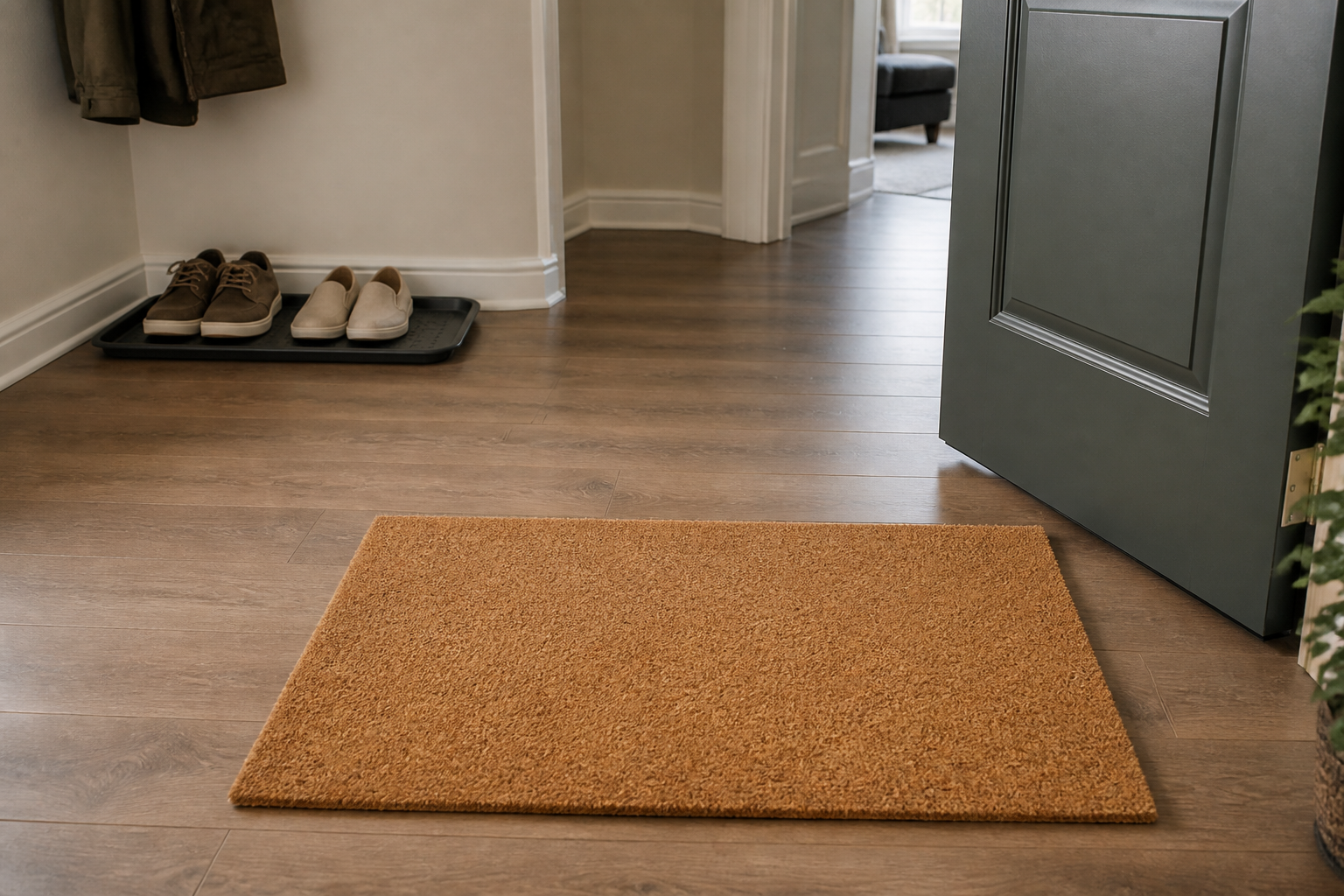 Clean rectangular coir mat fully on the interior floor with the door swing clear and shoes on a side tray