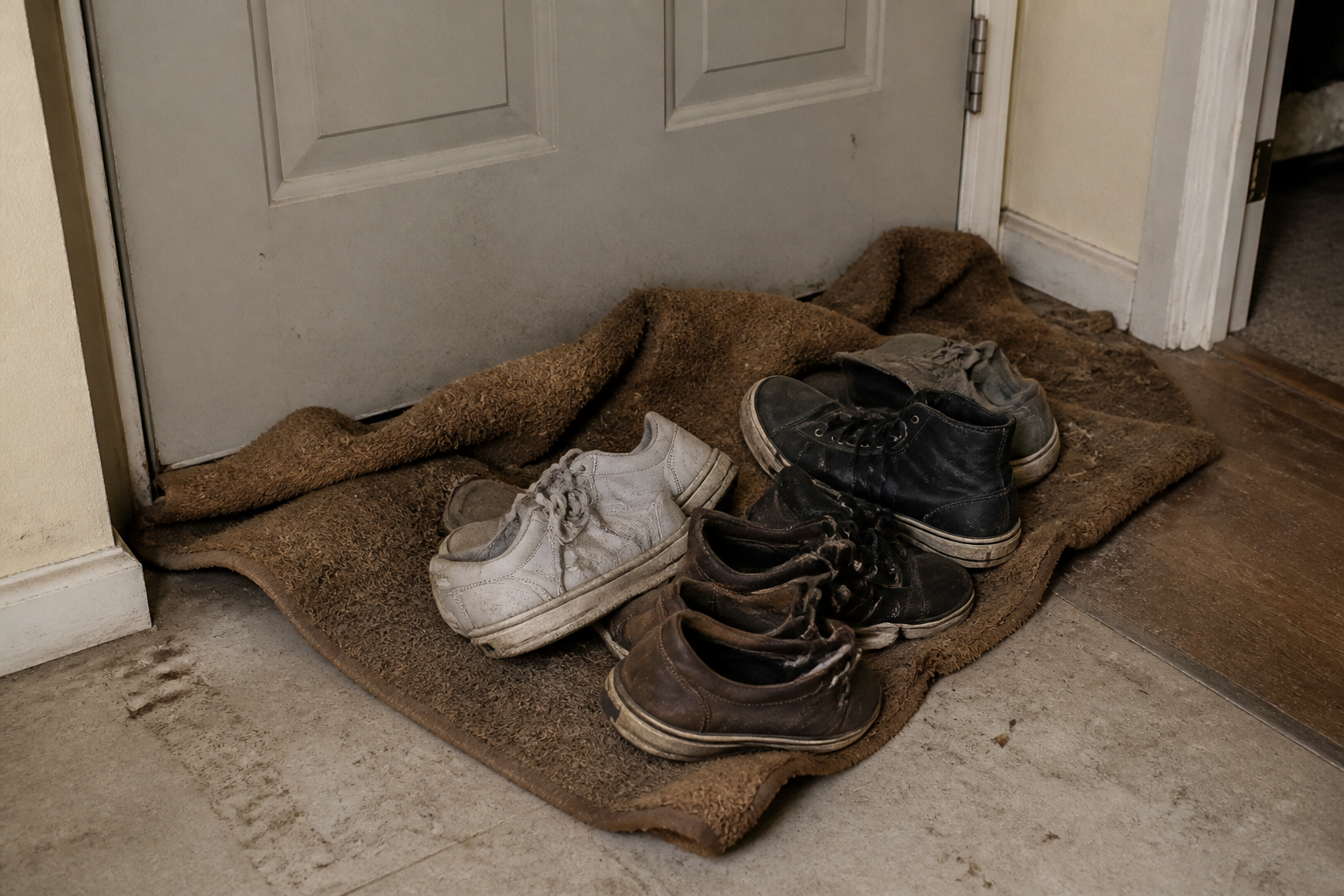 Dirty curled doormat bunched under a front door with shoes piled on top blocking the swing