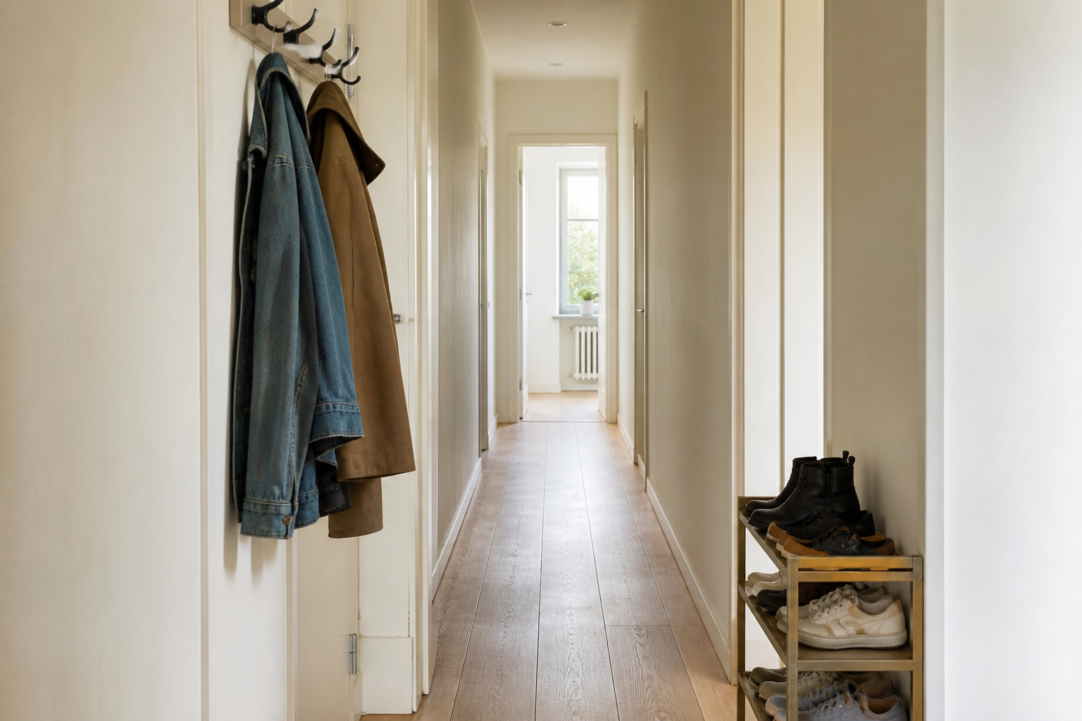 Cleared apartment hallway with a shoulder-width wood-look walk, a bench along the left wall, coats on hooks