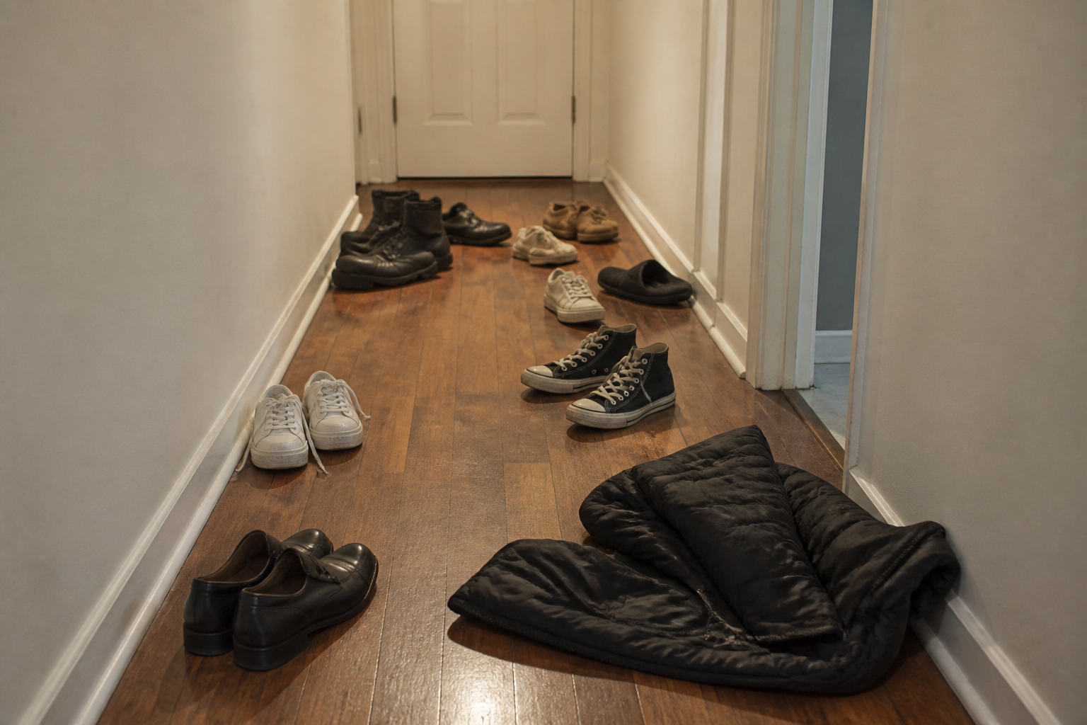 Pile of sneakers and boots past a small mat in a narrow hall, coats on a crowded rack, cardboard box on the floor