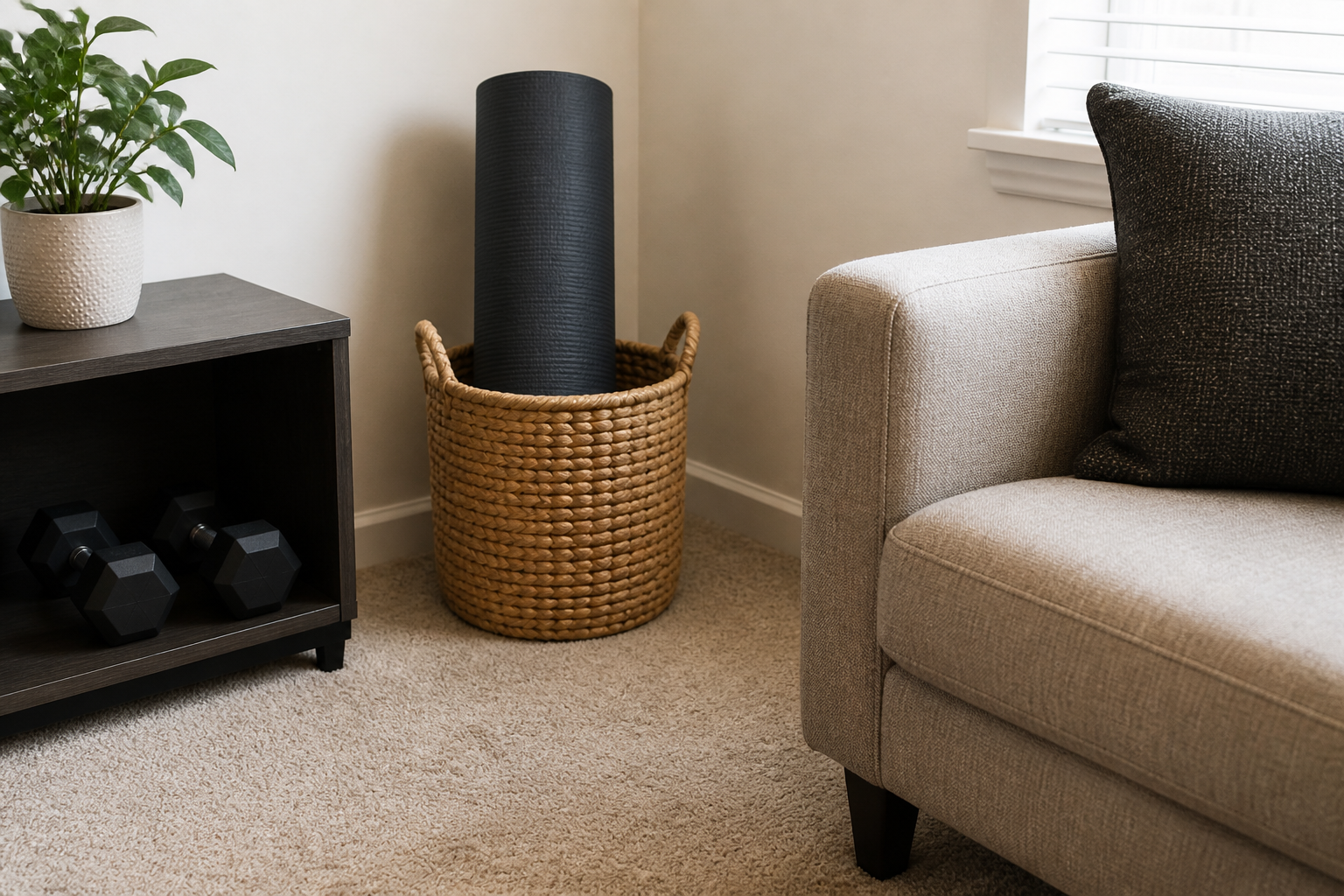 Yoga mat rolled upright in a basket beside a sofa with dumbbells on a low shelf