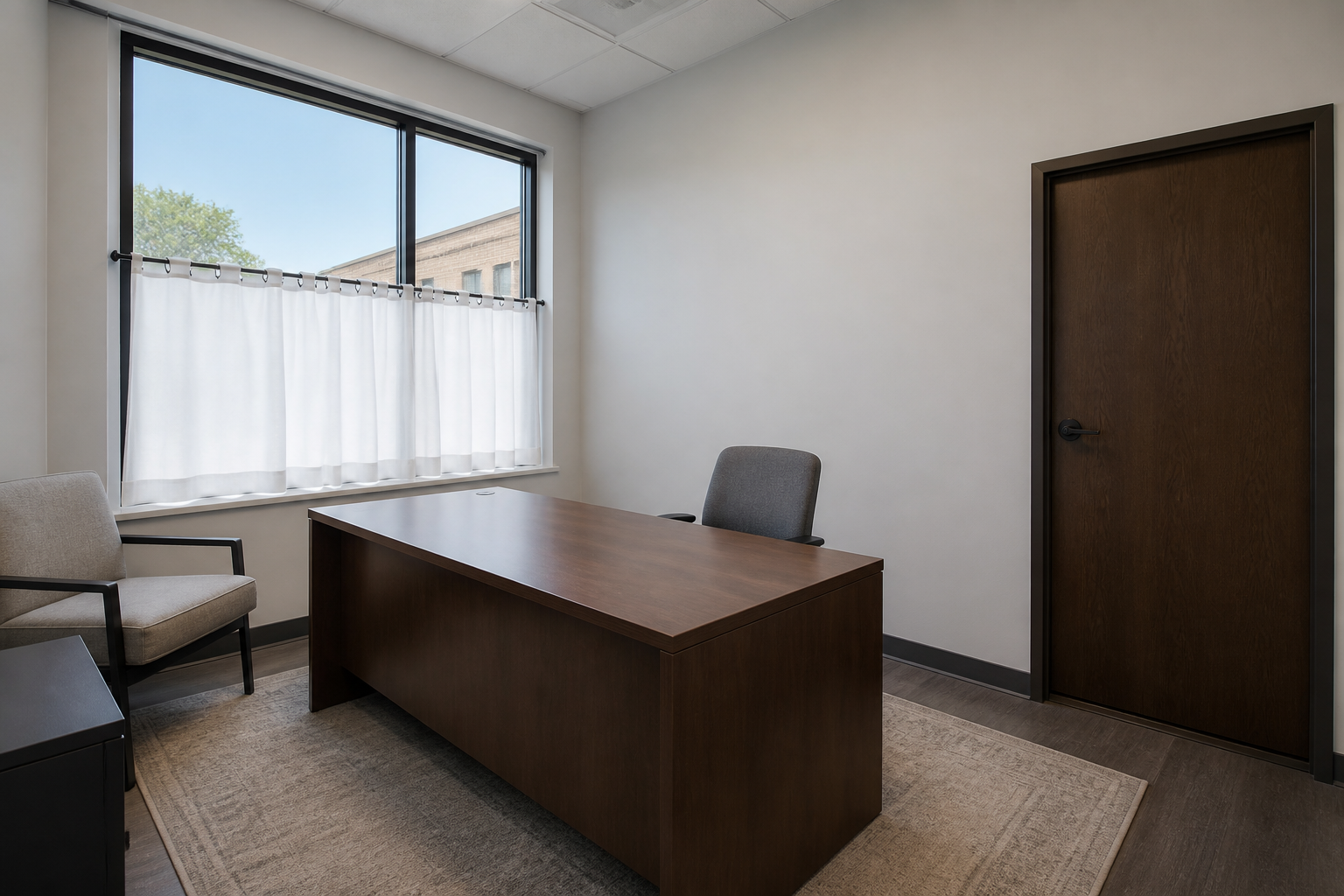 West office with the lower curtain drawn, desk off the glass, chair facing the room