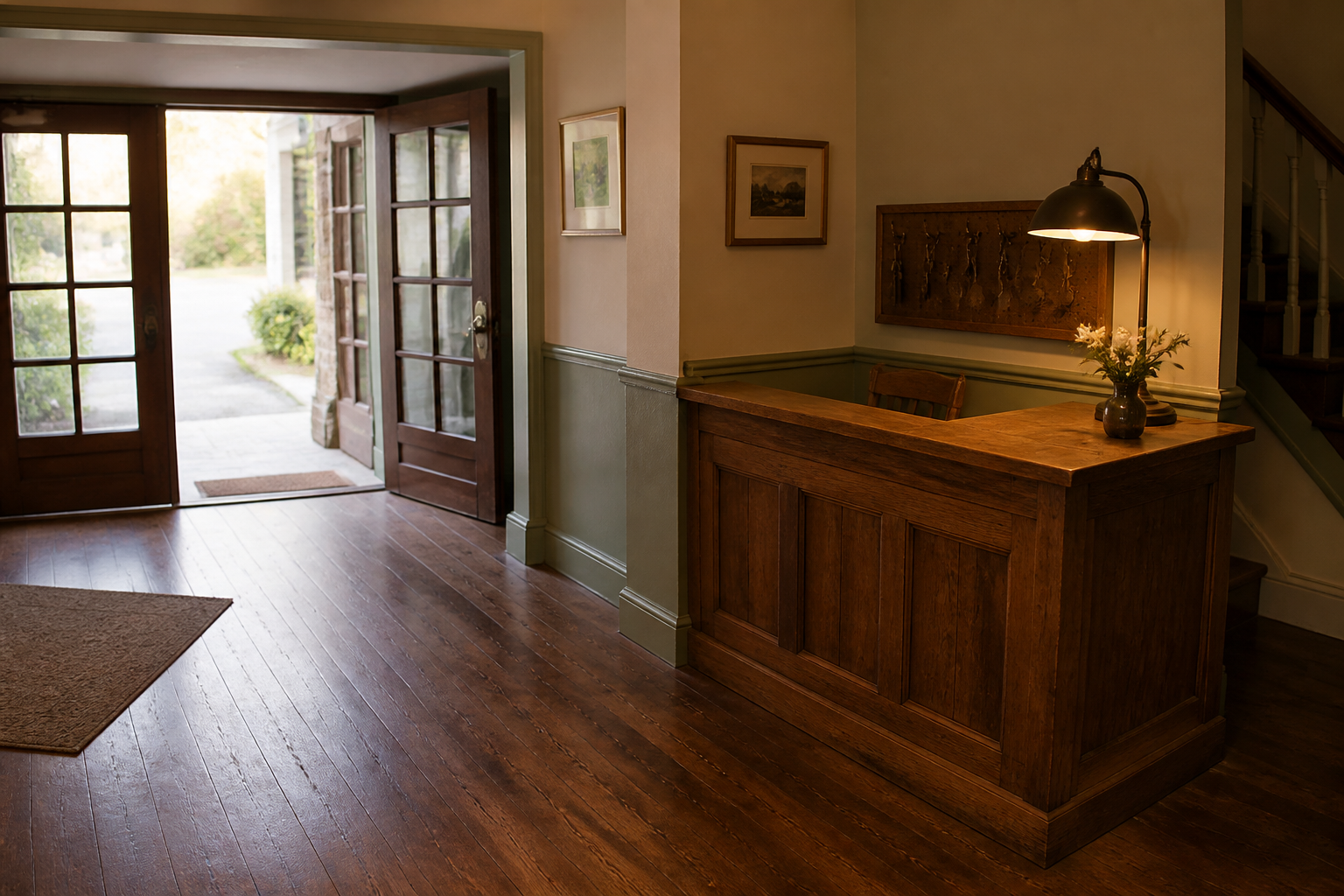 Wood inn reception desk beside open glass doors, desk lamp on, key hooks on the wall, clear floor to the latch