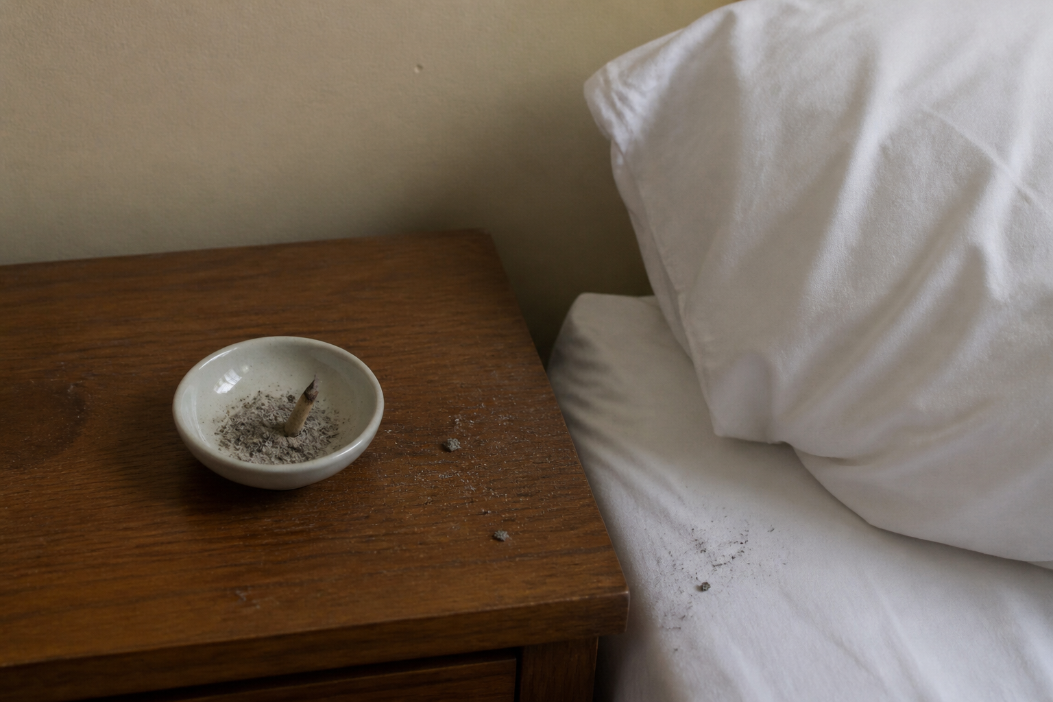 Incense holder on a nightstand beside a bed pillow with ash spilled