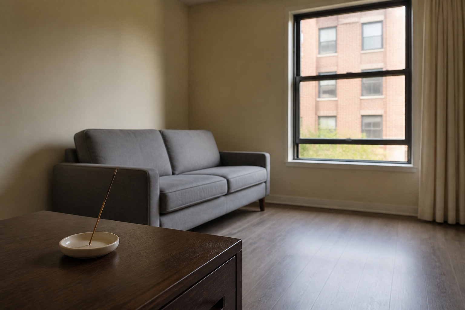 Ceramic incense dish on a living-room side table away from curtains with a window cracked open
