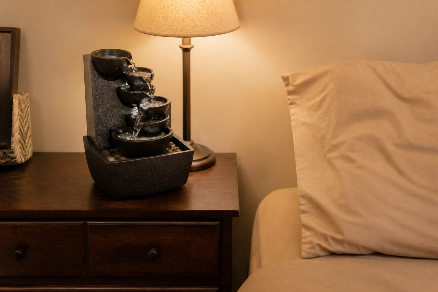 Dark tiered fountain on a nightstand beside a beige pillow, lamp on
