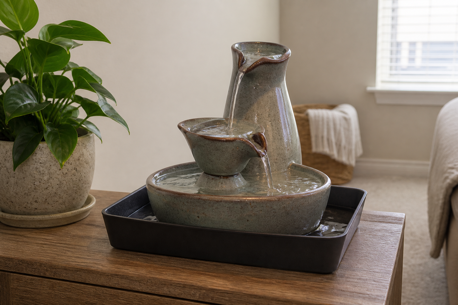 Speckled ceramic tiered fountain in a dark splash tray on a wood cabinet, with a pothos to the side