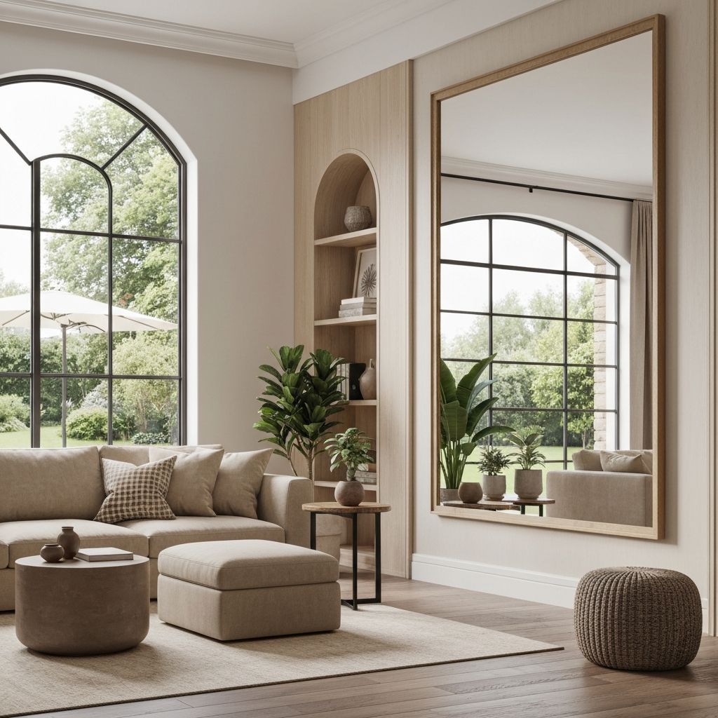 Beautiful Feng Shui mirror placement in elegant living room reflecting natural light and greenery