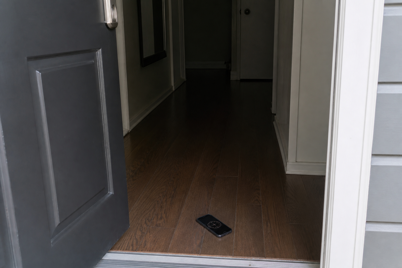 Looking out a slightly open charcoal apartment door with a phone compass on the wood floor