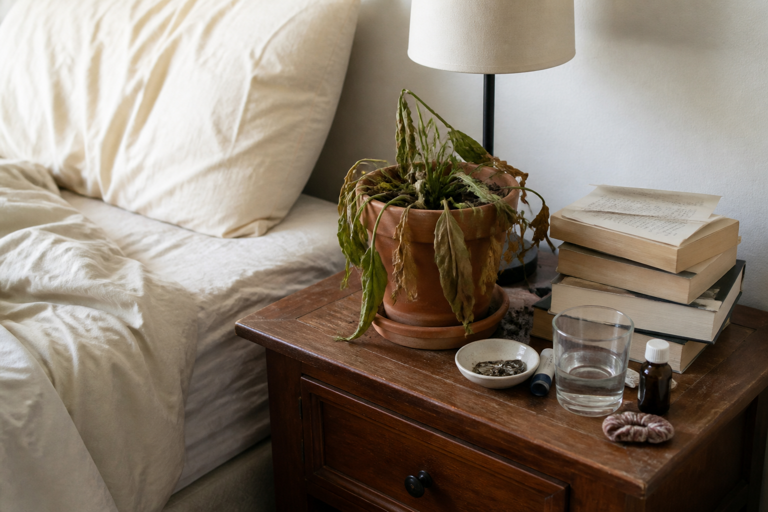 Crowded wooden nightstand with a wilted plant in a stained saucer, stacked books, and a lamp beside the pillow