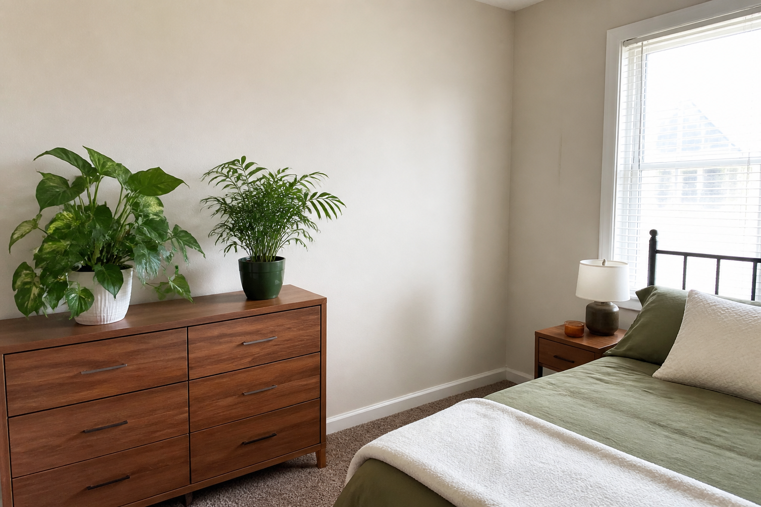 Leafy houseplant on a bedroom side wall, away from the pillow, with the door visible from the bed