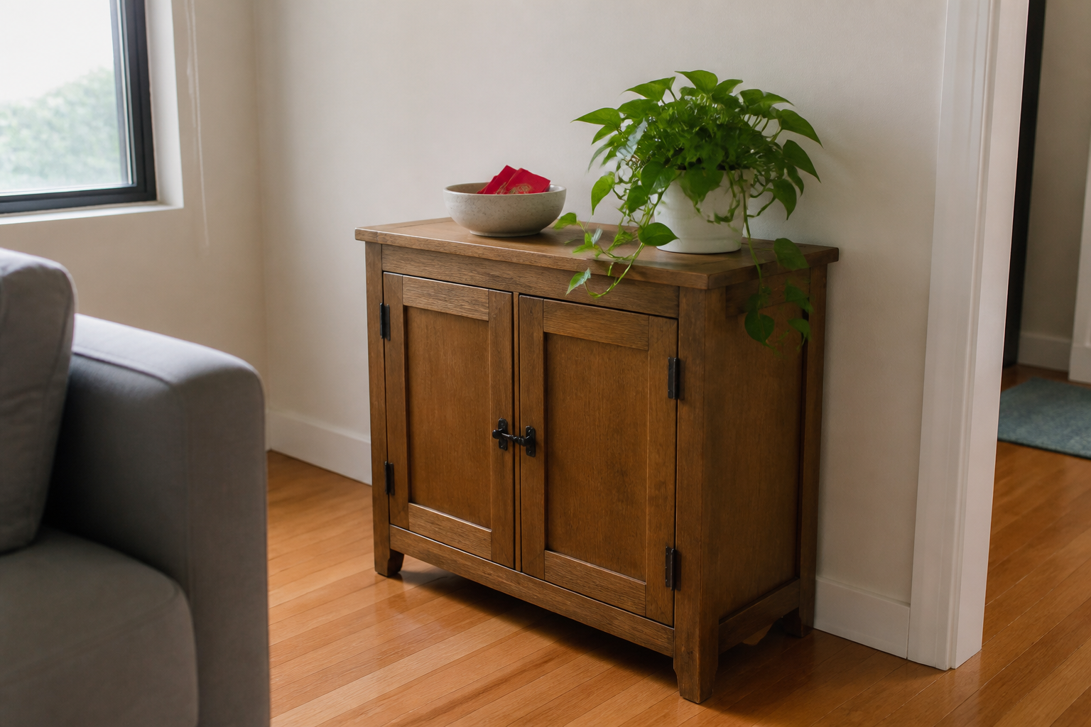 Wood cabinet in a living-room corner with a bowl of red envelopes and a healthy pothos