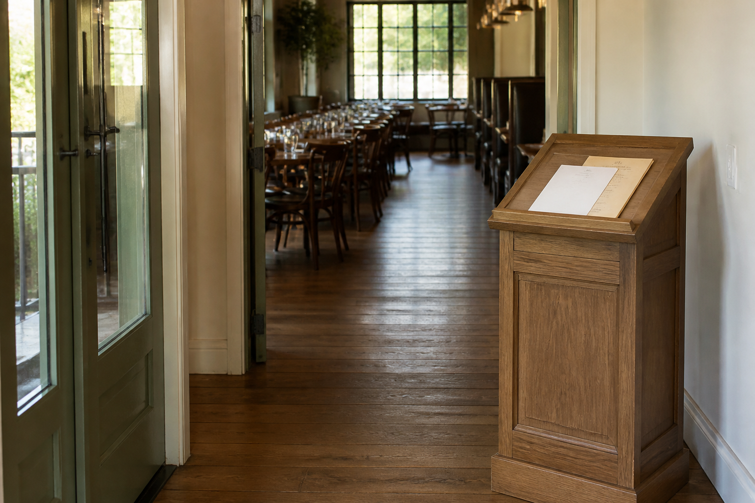 Wood host stand beside an open cafe door with a view of the dining floor and an unblocked swing