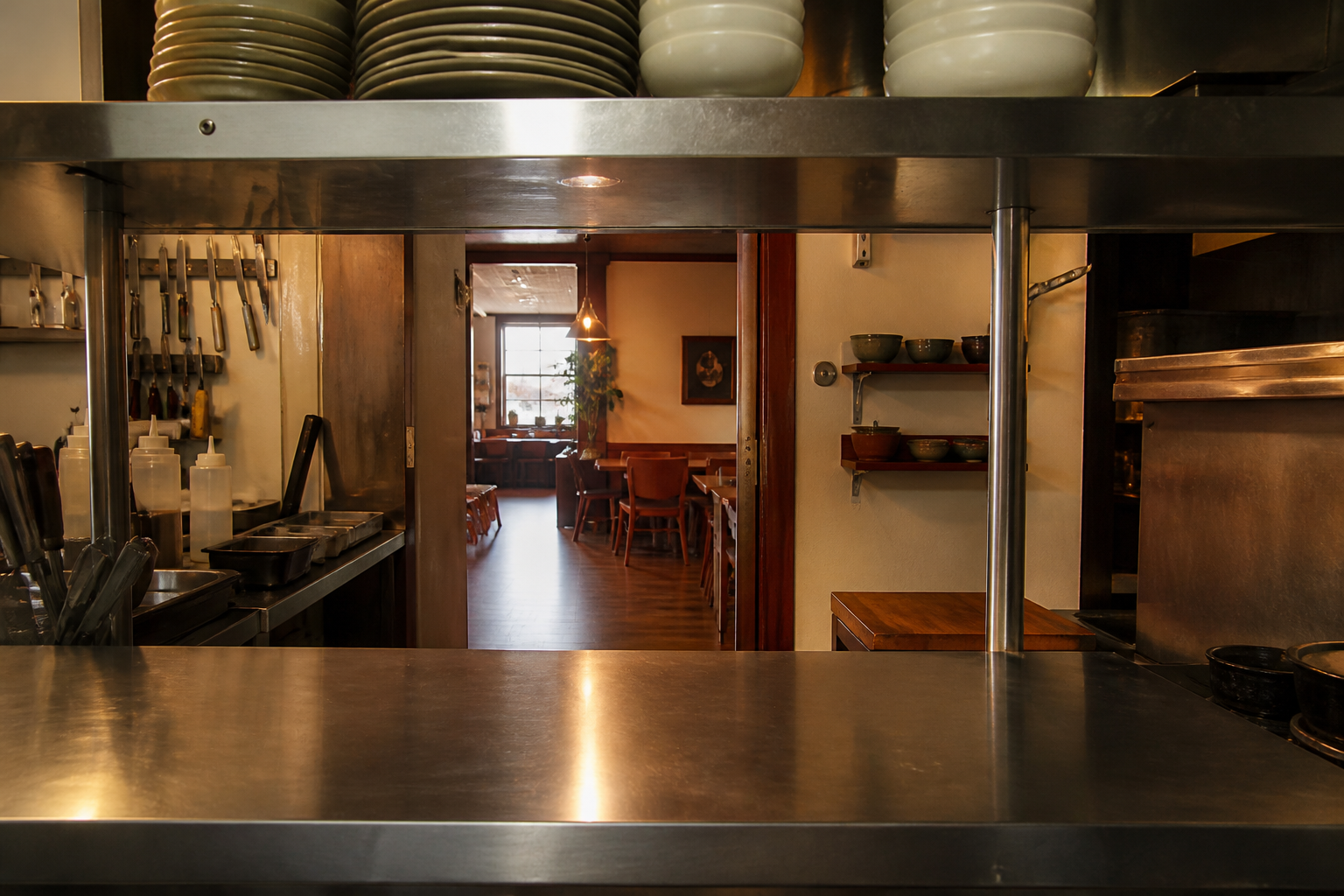 Stainless kitchen pass looking into a cafe dining room with a clear aisle and the street door at the far end