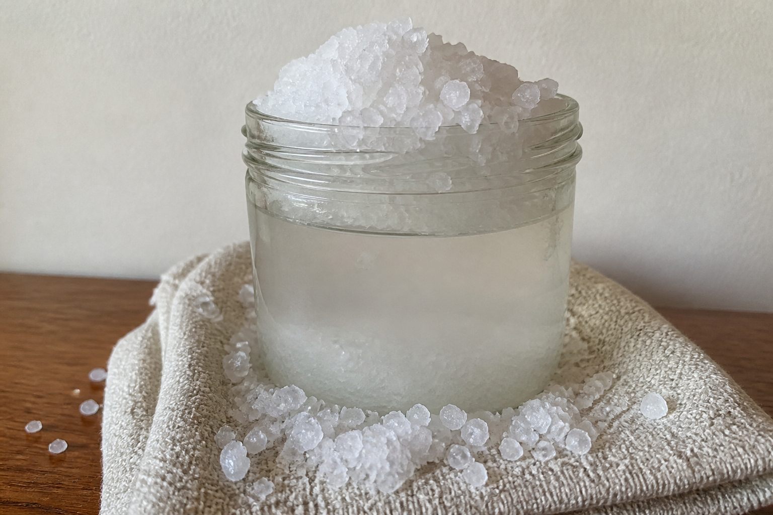 Salt crust overflowing the rim of a glass jar onto a beige towel