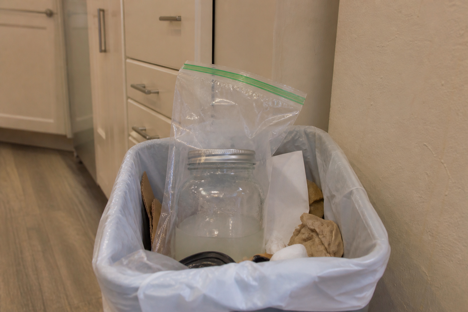 Used salt water jar sealed in a clear bag in a kitchen trash bin